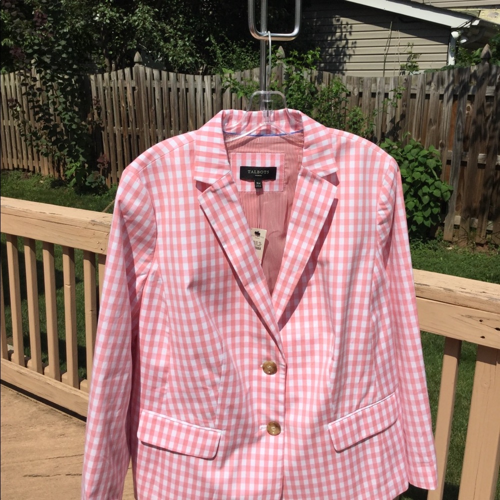 NWT Talbots Pink & White Linen Gingham Lined Blaz - Picture 8 of 8